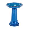Traditional Outdoor Electric Blue Ceramic Bird Bath and Base 2 Gallon
