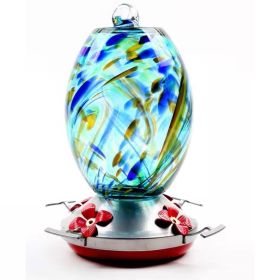 Blown Glass Hummingbird Bird Feeder with Perch and 4 Feeding Ports Multi-colored-Blue