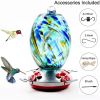 Blown Glass Hummingbird Bird Feeder with Perch and 4 Feeding Ports Multi-colored-Blue