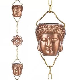 Copper and Brass Rain Chain Gutter Downspout with Buddha Head Cups and Ohm Ornaments 8.5 Ft