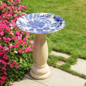 Ivory & Blue Floral Glazed Ceramic Bird Bath 16.5 Inch Diameter