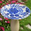 Ivory & Blue Floral Glazed Ceramic Bird Bath 16.5 Inch Diameter