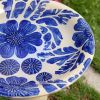 Ivory & Blue Floral Glazed Ceramic Bird Bath 16.5 Inch Diameter