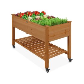 Fir Elevated Raised Bed with Shelf and Locking Wheels in Brown