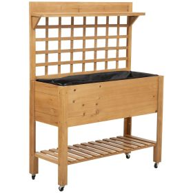 Wheeled Fir Wood Elevated Raised Bed with Shelves 41x18x53”