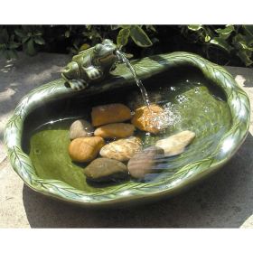 Ceramic Water Fountain or Bird Bath with Frog and Solar Pump