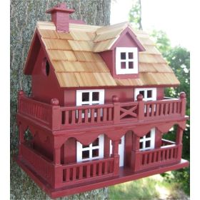 Red Victorian Cottage Birdhouse Freestanding - Made of Kiln Dried Hardwood 1.25” Opening