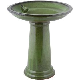 Green Ceramic Garden Birdbath with Ceramic Bird 16” Diameter