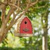 Rustic Vintage Farmhouse Style Birdhouse - Red Solid Wood with Metal Reinforced Roof