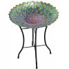 Peacock Inspired Glass Mosaic Bird Bath with Metal Stand 18” Dia
