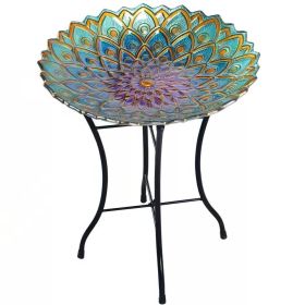 Peacock Inspired Glass Mosaic Bird Bath with Metal Stand 18” Dia