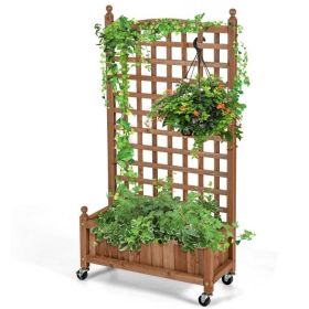 Natural Wood Outdoor Planter Box w/ Trellis on Wheels 25x50”H