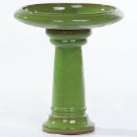 Green Glazed Ceramic Garden Birdbath Notched Top 13.5" Diam
