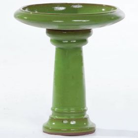 Green Glazed Ceramic Garden Birdbath Notched Top 13.5" Diam