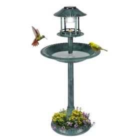 Outdoor Garden Bird Bath in Green Patina Finish with Solar Light