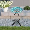 Teal Blue & Green Mosaic Glass Bird Bath with Metal Stand 17"D