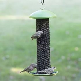Outdoor Metal Mesh Tube Hanging Bird Feeder with Green Top and Perch 16.5” Height