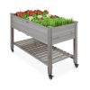 Fir Elevated Raised Bed with Shelf and Locking Wheels in Gray