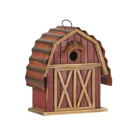 Outdoor Red Barn-Style Wood and Metal Hanging Bird House 1.18” Opening