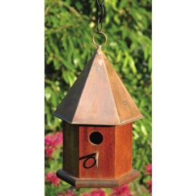 Hexagonal Solid Wood Songbird Birdhouse with Shiny Copper Roof in Mahogany Finish