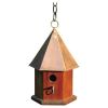 Hexagonal Solid Wood Songbird Birdhouse with Shiny Copper Roof in Mahogany Finish