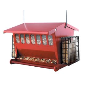Heavy Duty Red Metal House Bird Feeder Mixed Seed and Suet Feeders 15 Lb Seed Capacity
