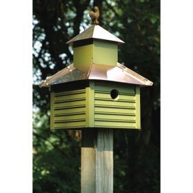 Green Pinion Birdhouse with White / Bright Copper Roof and Rooster Finial 1.5” Opening