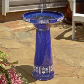Blue Ceramic Floral Design Bird Bath with Solar Fountain 1.5 Gal