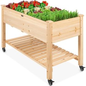 Fir Elevated Planter Box on Wheels with Shelf 48” x 23” x 32”