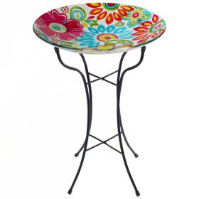 Colorfully Painted Glass 18-inch Bowl Bird Bath with Metal Stand