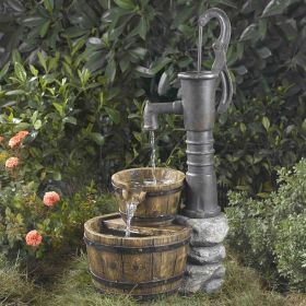 Outdoor Fountain Half Whiskey Barrel Hand Pump Style 33” Tall