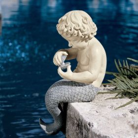 Young Sitting Mermaid Garden Statue with Oyster and Pearl 16”