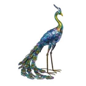 Outdoor Garden Statue Blue/Multi-Color Metal Peacock 28” H
