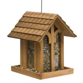 Wooden Shingle Roof House Garden Bird Feeder with Perch Surround 3.5 Lbs Feed Capacity