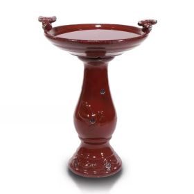 Dark Antique Red Ceramic Bird Bath with Perching Birds 16” Dia