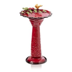 Red Metal Garden Bird Bath with Colorful Bird & Leaf Rim Design