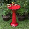 Red Metal Garden Bird Bath with Colorful Bird & Leaf Rim Design