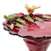 Red Metal Garden Bird Bath with Colorful Bird & Leaf Rim Design