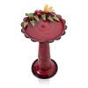 Red Metal Garden Bird Bath with Colorful Bird & Leaf Rim Design