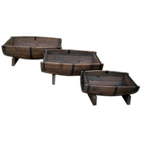 Set of 3 Half Barrel Wood Outdoor Planters in Descending Sizes