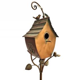 Outdoor Powder Coated Iron Birdhouse with Sloped Roof and 3-Prong Garden Stake in Copper Finish