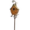 Outdoor Powder Coated Iron Birdhouse with Sloped Roof and 3-Prong Garden Stake in Copper Finish
