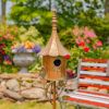 Outdoor Garden Solid Iron, Copper Finish Gramophone Roof Birdhouse with Garden Stake