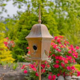 Copper Finish Metal Garden Birdhouse with 4-Pronged Stake and Pole 1.5” Entry Hole