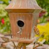 Copper Finish Metal Garden Birdhouse with 4-Pronged Stake and Pole 1.5” Entry Hole