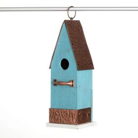 Outdoor Turquoise Blue Wood BirdHouse with Copper Roof and Accents
