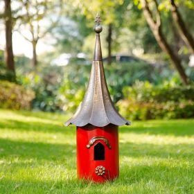 Red Metal Birdhouse with Bronzed Copper Finish Gramophone Roof and Finial