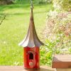 Red Metal Birdhouse with Bronzed Copper Finish Gramophone Roof and Finial