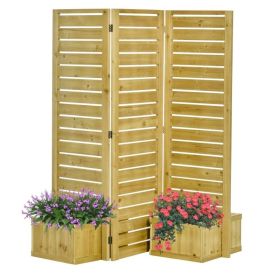 3 Panel Fir Wood Outdoor Privacy Screen with 4 Garden Planters