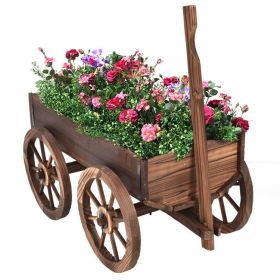 Outdoor Wood Wagon Elevated Planter Box on Wooden Wheels